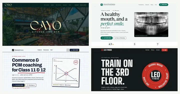 Websites BunkWise built for a restaurant, a dental clinic, a coaching institute and a gym