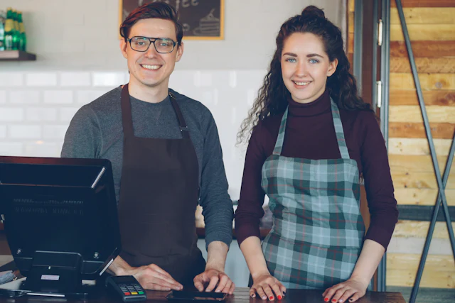 Cafe owners smiling behind their counter