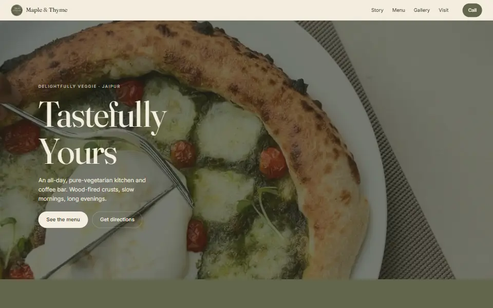Maple & Thyme website homepage, a pure-veg cafe