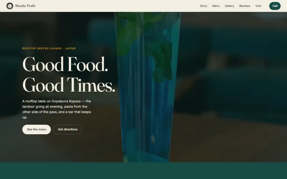 Masala Trails website homepage, a rooftop restro lounge